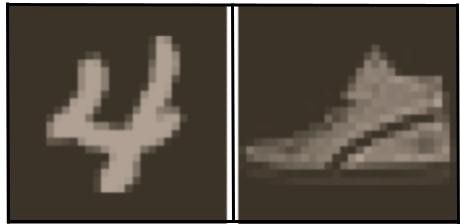 One image from the Number MNIST (left) and Clothing MNIST (right) dataset after running the code we discussed so far