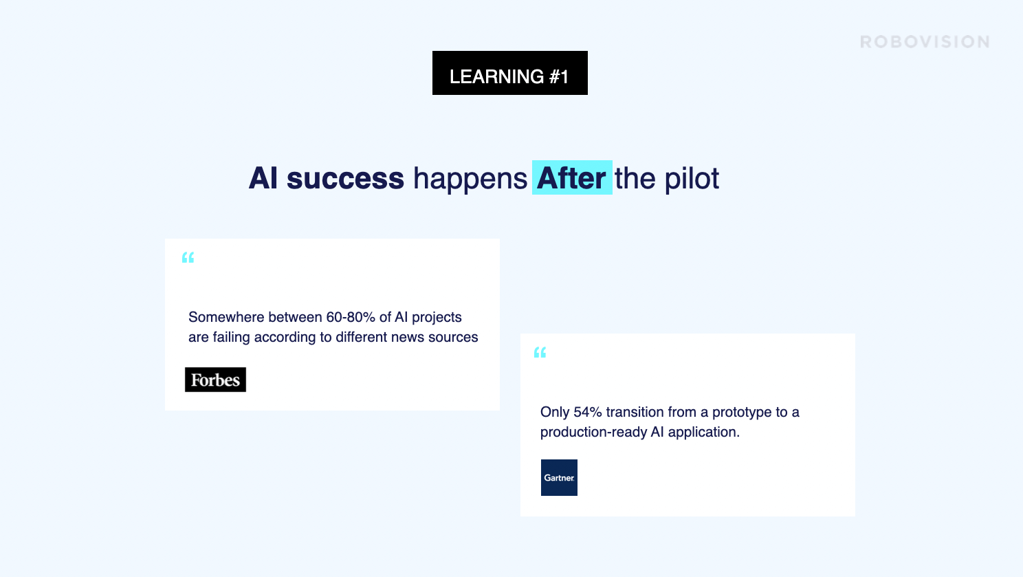AI success happens after the pilot. "Somewhere between 60-80% of AI projects are failing according to different news sources" – Forbes. "Only 54% transition from a prototype to a production-ready AI application." –Gartner.